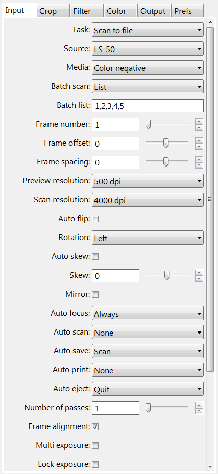Settings of the input tab in VueScan