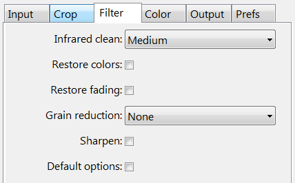 Settings of the filter tab in VueScan