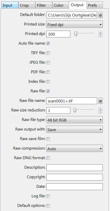 Settings of the output tab in VueScan
