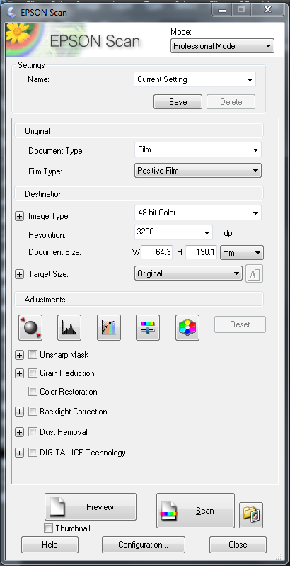 Settings for EPSON Scan